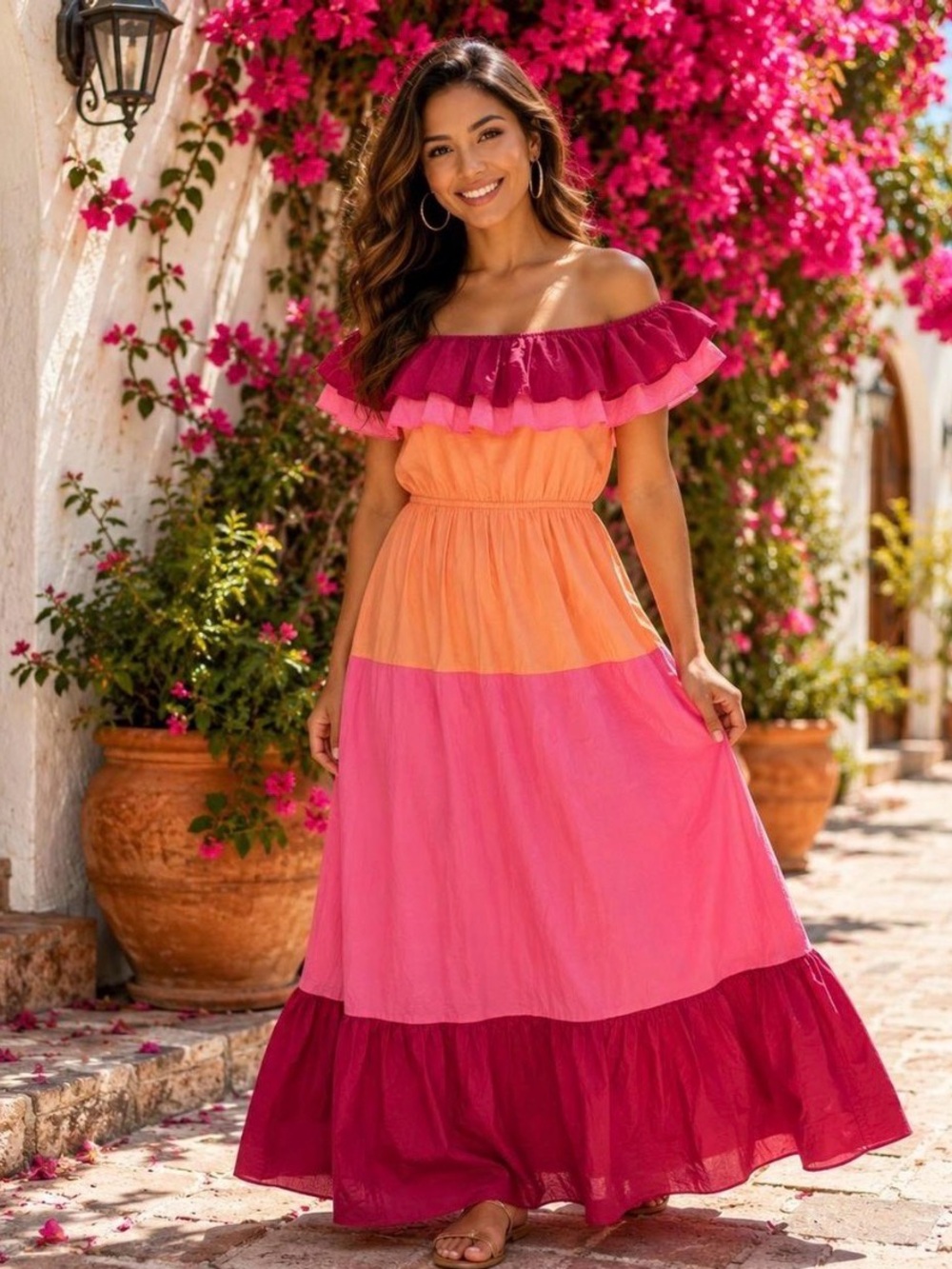English Factory tiered Off-Shoulder Maxi Dress in Pink, Coral & Burgundy